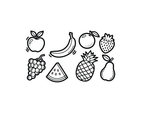 Simple black and white line drawings of various fruits, including apple, banana, orange, strawberry, grapes, watermelon, pineapple, and pear.