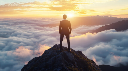Businessman standing on mountain peak above clouds at sunrise, symbolizing success, achievement, and leadership in a dramatic scenic landscape
