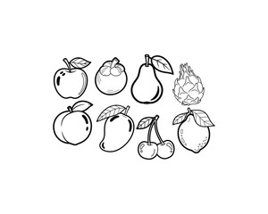 Simple black and white line drawings of various fruits, including apple, pear, mango, peach, cherry, lemon, and durian.