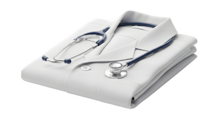 Folded white medical coat with stethoscope isolated on transparent background, symbolizing healthcare, medicine, and the essential tools of a doctors profession