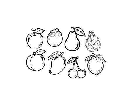 Simple black and white line drawings of various fruits, including apple, pear, mango, peach, cherry, lemon, and durian.