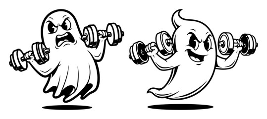 cartoon ghost mascot lifting dumbbells workout
