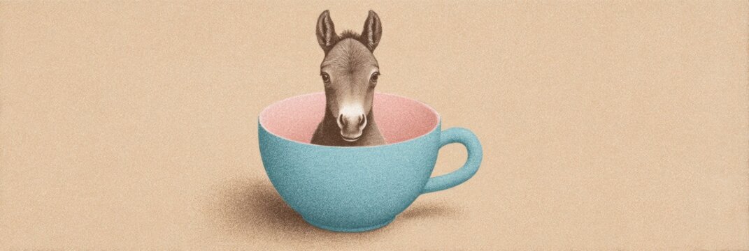 Unique Artwork Featuring a Horse Emerging From a Colorful Teacup in a Whimsical Design
