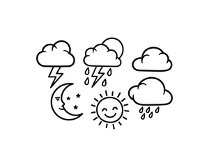 Simple black line drawings of various weather icons, including clouds, rain, sun, moon, and lightning.