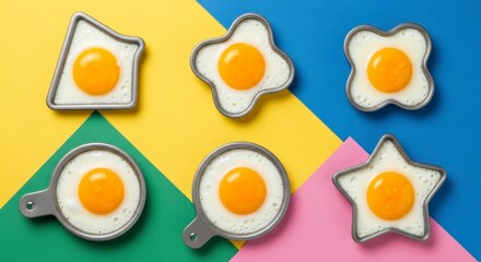 Six fried eggs each in a differentshaped mold sit atop a vibrant geometric background