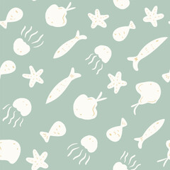 Hand painted underwater sea creatures like starfish, jellyfish, sting rays moving diagonally in subtle colors of off white and sage green. Minimal sea life seamless vector pattern. Great for homedecor