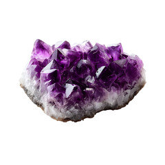 A beautiful cluster of deep purple amethyst crystals, a natural raw gemstone geode isolated on a clean white background