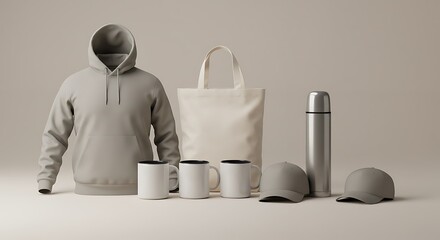 Mockup of collection of blank merchandise items including hoodie, tote bag, mugs, thermos, and caps for branding for commercial usage