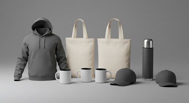 Mockup of collection of promotional merchandise including hoodie, tote bags, mugs, caps, and thermos for commercial usage