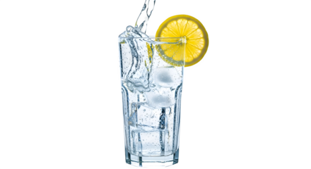 Refreshing glass of water with ice and lemon isolated on transparent background, highlighting hydration, refreshment, and the simple pleasure of a cool drink