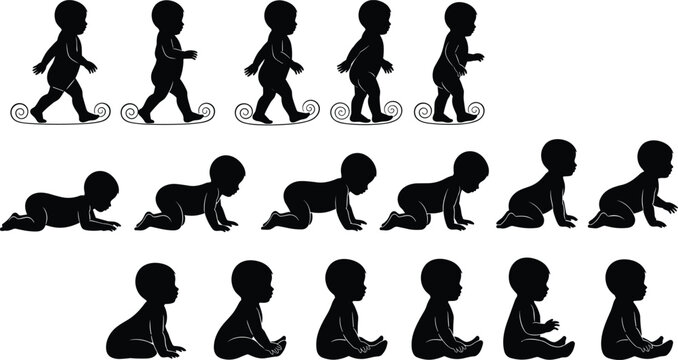 Baby development silhouette vector showing progression from lying to sitting, crawling, and walking, infant motor skills and movement milestones