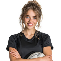 Portrait of young female athlete smiling holding rugby ball white isolated background photo, clear detail and natural light, simple clean look simple style clean look soft tone calm mood minimal style