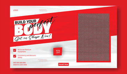 Dynamic fitness advertisement featuring muscular man lifting weights with motivational text build your body