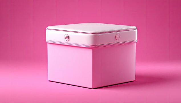 Pink square box, light cream top, on pink backdrop