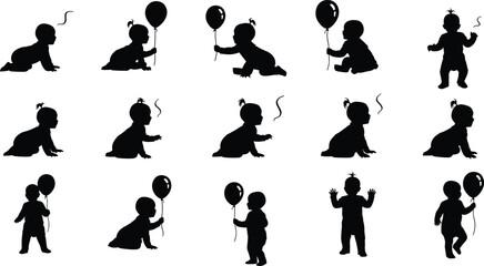 Baby silhouette vector set showing playful poses, crawling, sitting, standing, holding balloons, expressive gestures, movement icons, child development