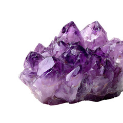 A vibrant cluster of natural raw amethyst crystals, a sparkling purple quartz geode isolated on a clean white background