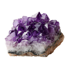 Stunning raw amethyst geode with deep purple crystal points against a clean white backdrop, showcasing natural geological beauty