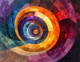 A vibrant spiral design composed of concentric rings of colorful, textured squares, showcasing a dynamic interplay of hues and patterns.