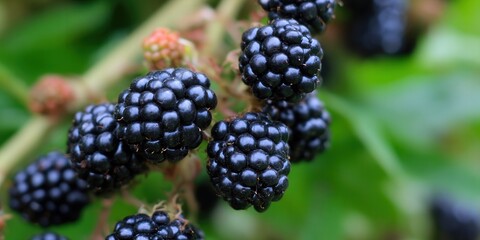 Juicy blackberries hanging on the bush, ready to be picked during the summer season.