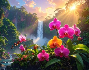 A vibrant waterfall cascades through a lush tropical paradise, illuminated by sunrise and adorned with vibrant orchids.