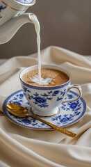 Elegant Cup of Coffee with Milk Pouring.