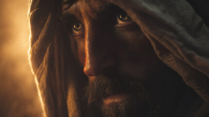 Close-Up of Bearded Prophet in Mystical Vision, Eyes in Awe and Illuminated by Divine Light in Cinematic 8K