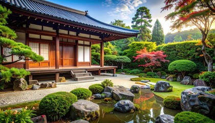 A serene Japanese garden with a traditional wooden building, lush greenery, and a tranquil water feature, bathed in the soft morning light.