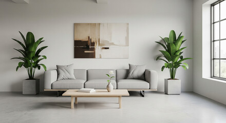 Bright, minimalist living room with a grey sofa, coffee table, artwork, potted plants, and a large window.