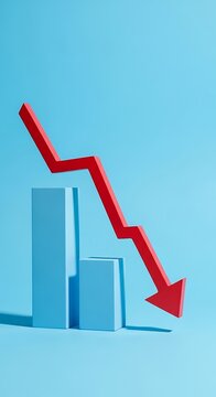 Red arrow falling over blue bars falling graph business chart