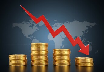 Stunning global financial crisis depicted with falling gold coins and red downward trend arrow against world map background