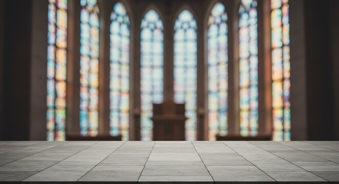 Mockup of interior of a church with stained glass windows and a wooden altar in the background for commercial usage