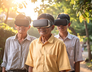Three people wearing virtual reality headsets outdoors in sunlight VR headset technology