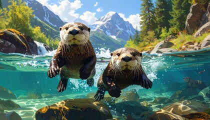 Two playful otters emerge from crystal-clear mountain water, a breathtaking scene of wildlife in a pristine natural setting.