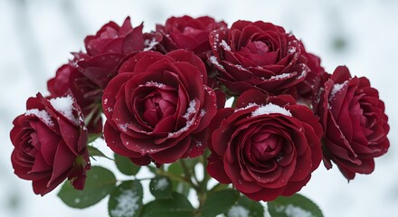 Crimson Roses in Winter - A Bouquet Touched by Snow.