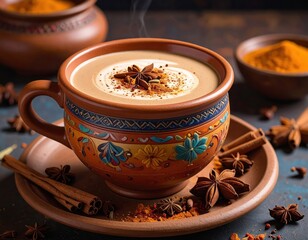 Aromatic spiced beverage in a decorative earthenware mug, steaming and ready to enjoy.