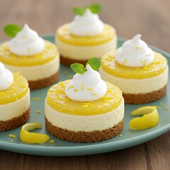 Delicious Mini Lemon Cheesecakes with Whipped Cream and Mint Garnish.