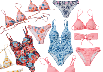 Assortment of Womens Swimsuits Floral and Solid Prints isolated on transparent background
