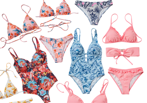 Assortment of Womens Swimsuits Floral and Solid Prints isolated on transparent background - Powered by Adobe