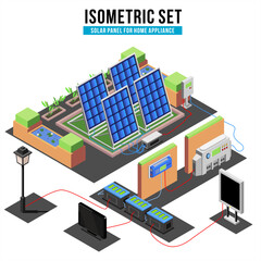 Isometric vector illustration of solar panel system for home energy, showing renewable power flow to appliances, eco-friendly electricity, and sustainable technology concept.
