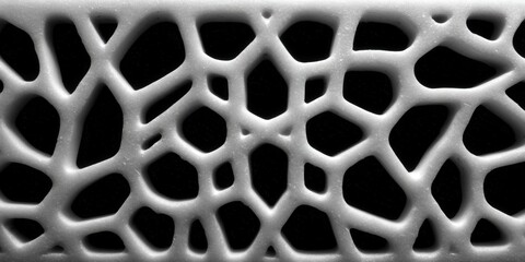 A detailed macro photograph showcasing a complex white cellular structure against black.