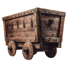 Vintage wooden mining cart with rustic metal details and four sturdy wheels, isolated on a clean white background for design projects