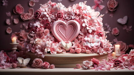 Romantic heart decoration surrounded by pink flower petals and candles in a softly lit space for a special occasion