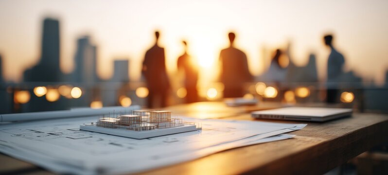 Architectural Planning Table on Rooftop at Sunset with Blueprints, Scale Model, Digital Tools, and Blurred Team with City Skyline in Background, Warm Golden Light