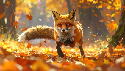 A vibrant fox bursts through a bed of autumn leaves, bathed in warm sunlight.
