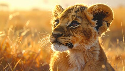 A young lion cub, bathed in golden sunlight, gazes intently into the golden savannah grasses.