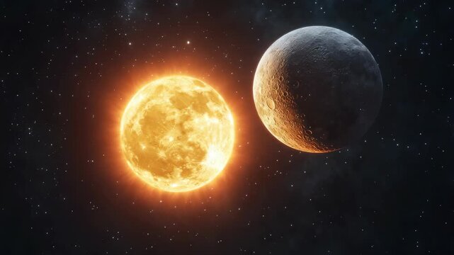 Glowing sun and moon in space with background stars; night sky theme