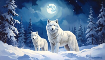 Two majestic white wolves stand guard in a snow-dusted forest under a luminous full moon, bathed in cool moonlight.