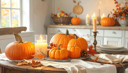 A warm autumnal Thanksgiving table setting, adorned with pumpkins, candles, and autumn leaves, creates a cozy and inviting atmosphere.