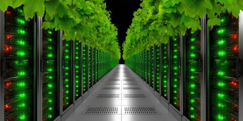 Green data center with lush leaves symbolizes sustainable technology and innovation.