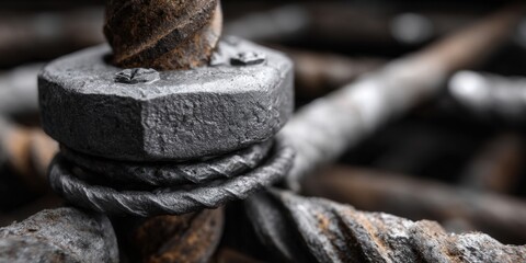 Rusted metal bolt and nut close-up, showcasing industrial textures and details.